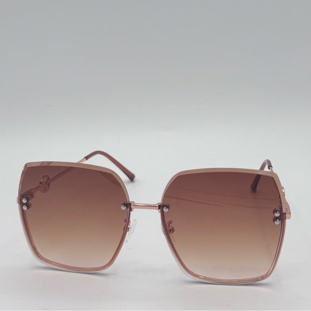 New Oversized Rimless Sunglasses – Rose Gold Metal & Gradient Lens w/ Case
